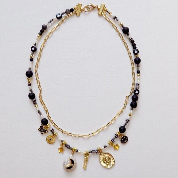 new! charm necklace beaded choker layered  freshwater pearl paperclip link chain - Picture 3 of 8